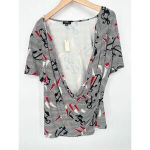Talbots Nautical Faux Wrap Top 1X Petite 1XP Striped Sailing Boat Anchor Print